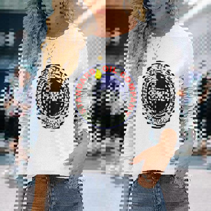 バックプリントのみ レトロ ヴィンテージ ガソリンスタンド 標準モーターオイル 長袖Tシャツ 彼女への贈り物