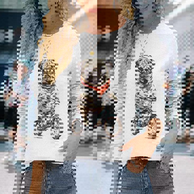 パグ いぬ イラスト パグ好き 犬好き 自転車 かわいい おもしろ レトロ かっこいい 長袖Tシャツ 彼女への贈り物