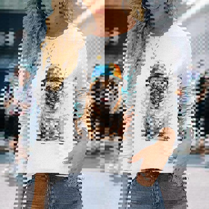 パグ、スナップバック キャップ、犬、カラフル、面白い、動物プリント 長袖Tシャツ 彼女への贈り物