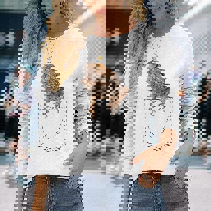 ヒゲのあるドラゴンリザード 爬虫類フェイクポケット 長袖Tシャツ 彼女への贈り物