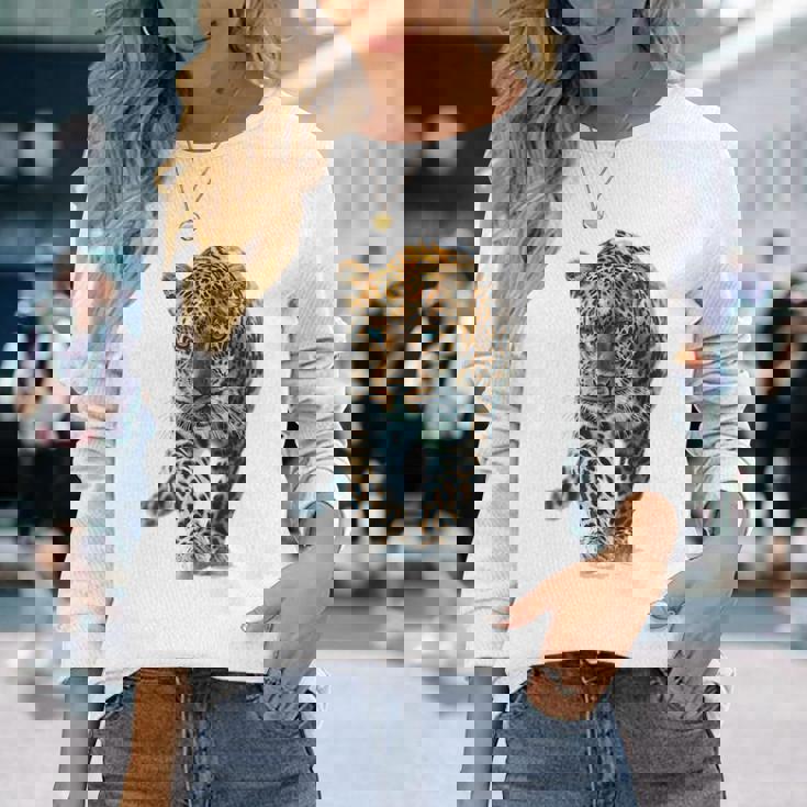 ヒョウ アニマルプリント モチーフ 描画 ポートレート ヒョウ 長袖Tシャツ 彼女への贈り物