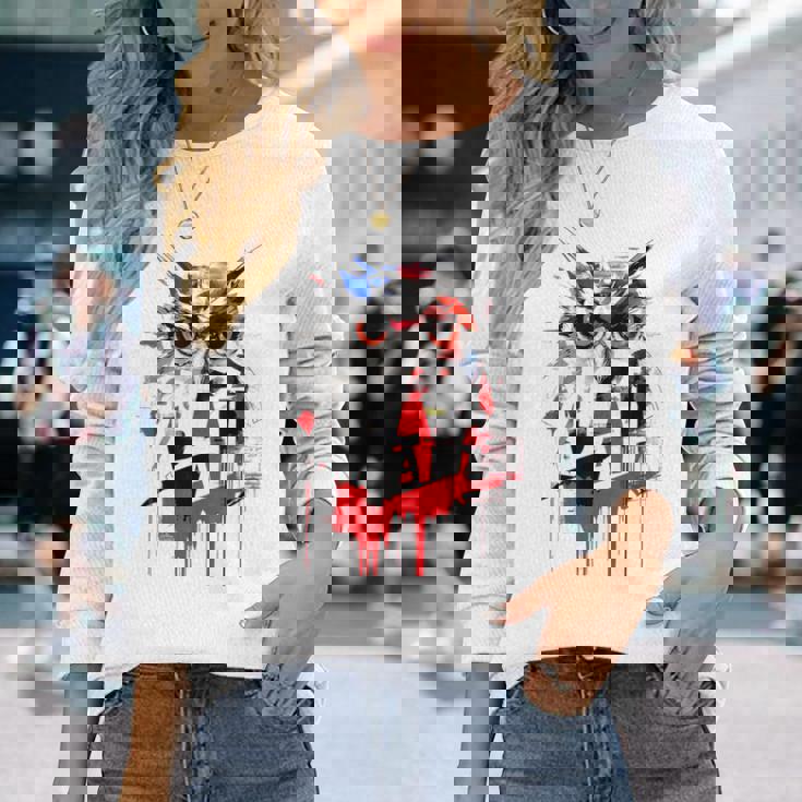 フクロウ アート 絵画 抽象 動物 描画 グラフィック フクロウ 長袖Tシャツ 彼女への贈り物