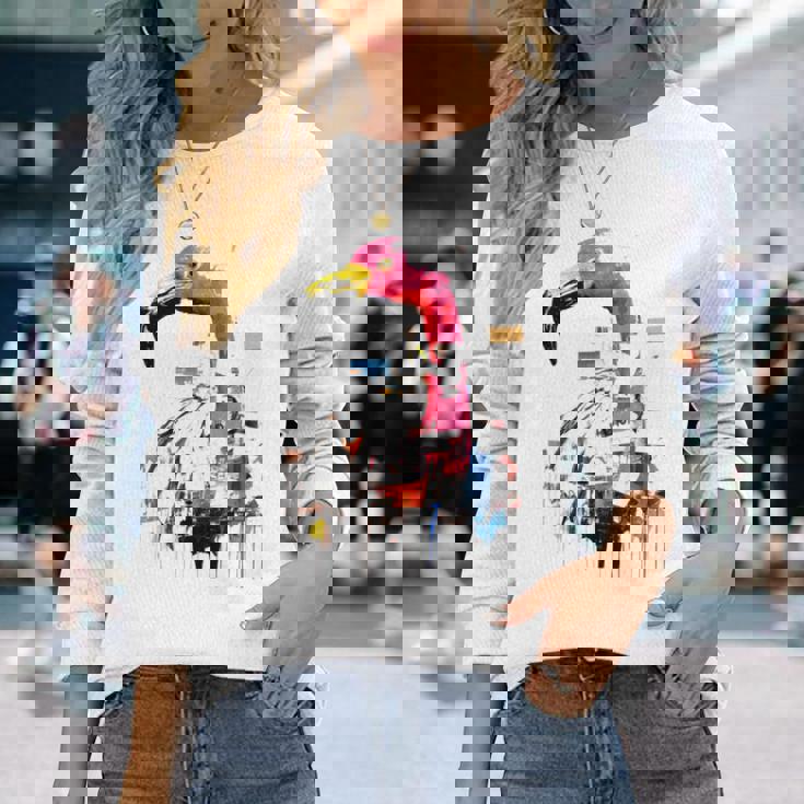 フラミンゴ 鮮やかな色 芸術的な野生動物の表現 長袖Tシャツ 彼女への贈り物