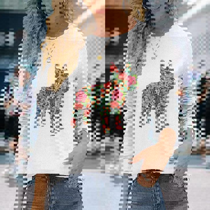 フレンチ ブルドッグ フラワー フローラル フレンチ ドッグ シルエット 犬 ペット 長袖Tシャツ 彼女への贈り物