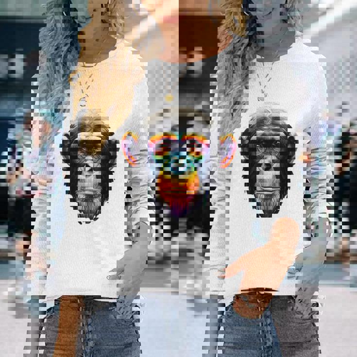 マルチカラー アート カラフル チンパンジー 長袖Tシャツ 彼女への贈り物