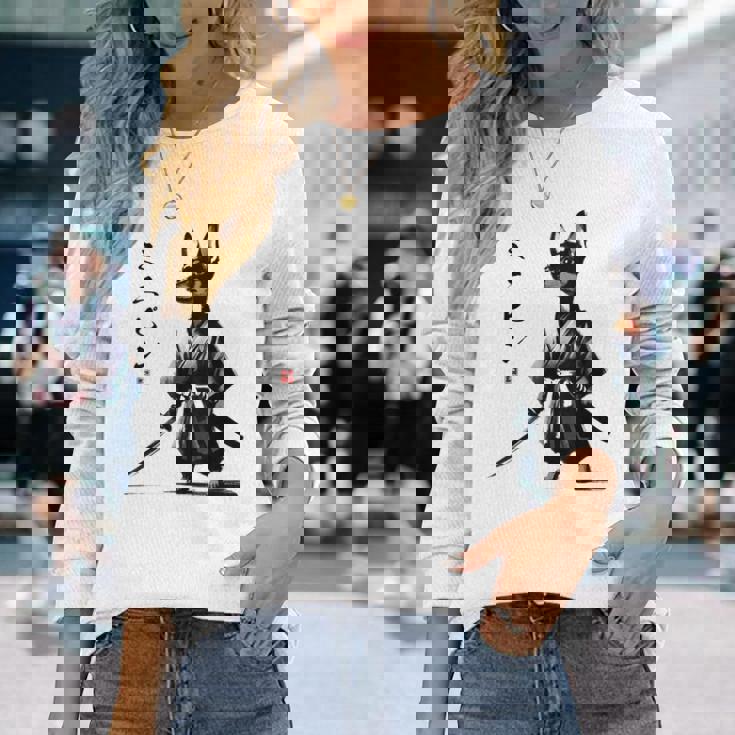 ミニチュアピンシャー 侍戦士 日本の浮世絵 アートドッグ 長袖Tシャツ 彼女への贈り物