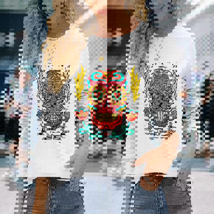 メキシカンホリデー カーニバル マスク カラフル スカル 長袖Tシャツ 彼女への贈り物