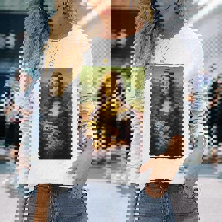 モナ・リザとオレンジ色の猫 面白いアートの絵 長袖Tシャツ 彼女への贈り物