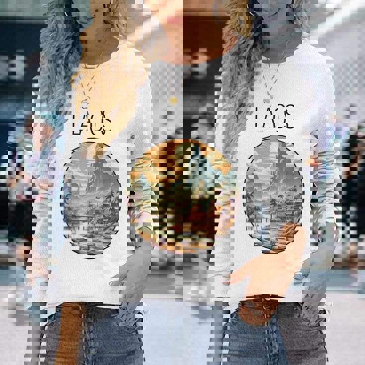 ラオスの風景 アールデコ 長袖Tシャツ 彼女への贈り物