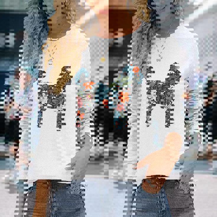 ラブラドゥードルやゴールデンドゥードルのママのためのフローラルドッグシルエット 長袖Tシャツ 彼女への贈り物