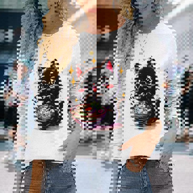 ラーメン猫かわいいアニメ猫ラーメン愛好家甘い 長袖Tシャツ 彼女への贈り物