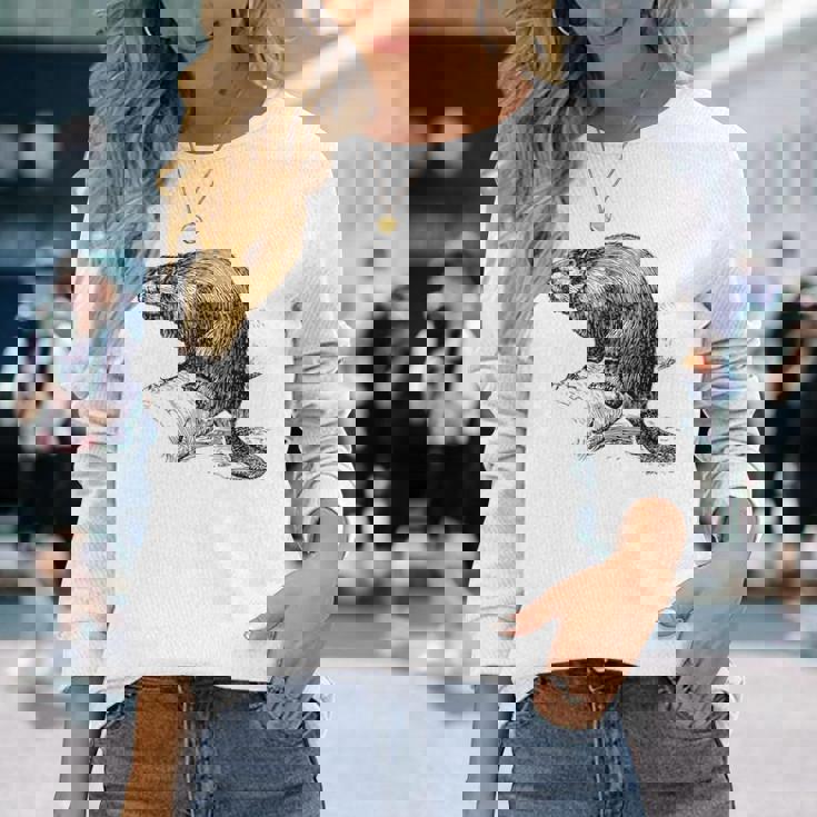 リアルなビーバースケッチ 長袖Tシャツ 彼女への贈り物