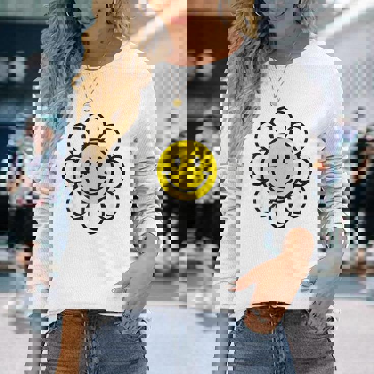 レトロ ヴィンテージ イエロー ハッピー スマイル スマイル フェイス デイジーフラワー 長袖Tシャツ 彼女への贈り物