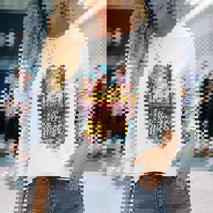 ロサンゼルス カリフォルニア サンセット スカイライン アーバン お土産 長袖Tシャツ 彼女への贈り物