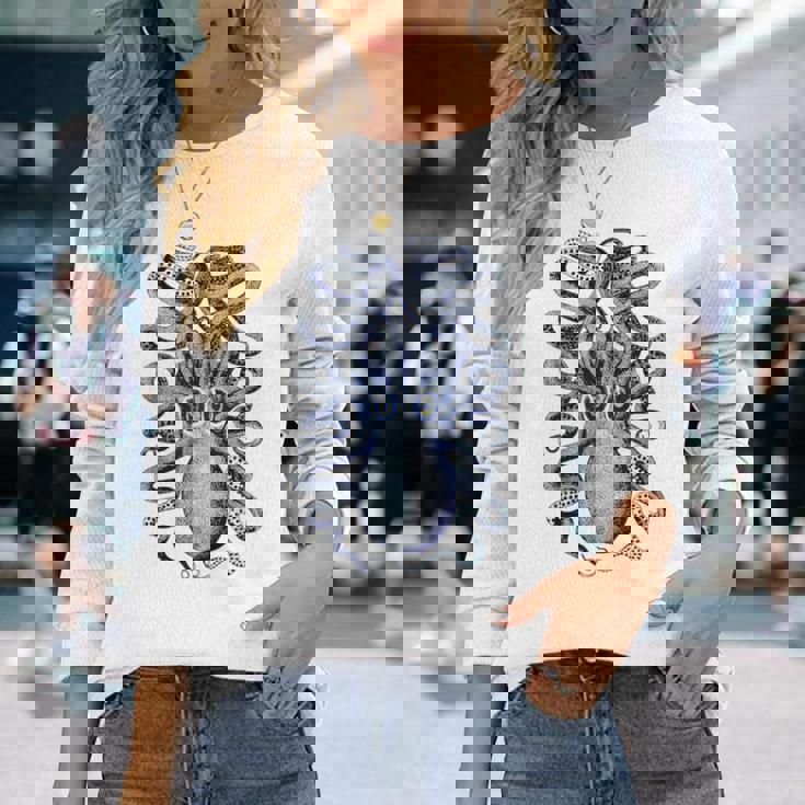 ヴィンテージ ブルー タコ 長袖Tシャツ 彼女への贈り物