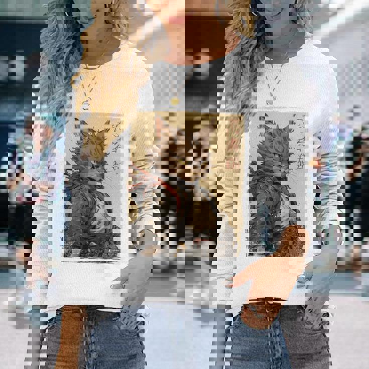 ヴィンテージ 日本の風景 侍 猫 漢字 Art Back 長袖Tシャツ 彼女への贈り物