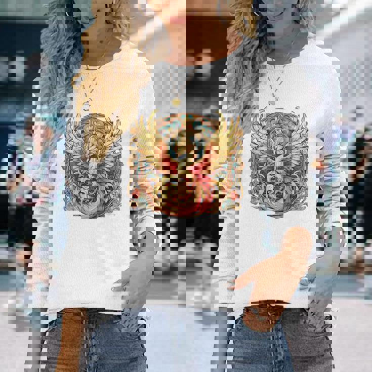 不死鳥 火の鳥 フェニックス イラスト バックプリント 長袖Tシャツ 彼女への贈り物