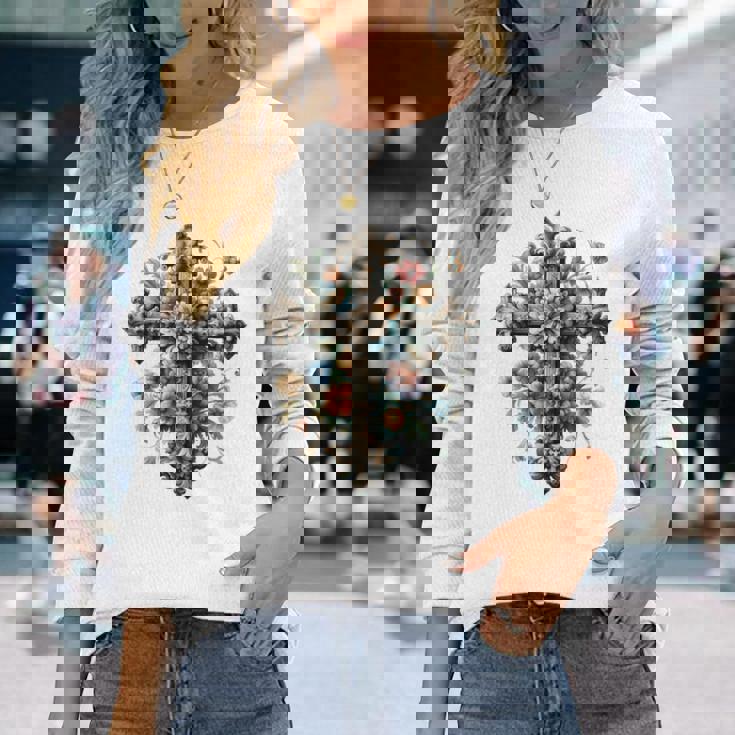十字架 スピリチュアル キリスト 花 イエス 信仰 十字架 十字架 長袖tシャツ 長袖Tシャツ 彼女への贈り物