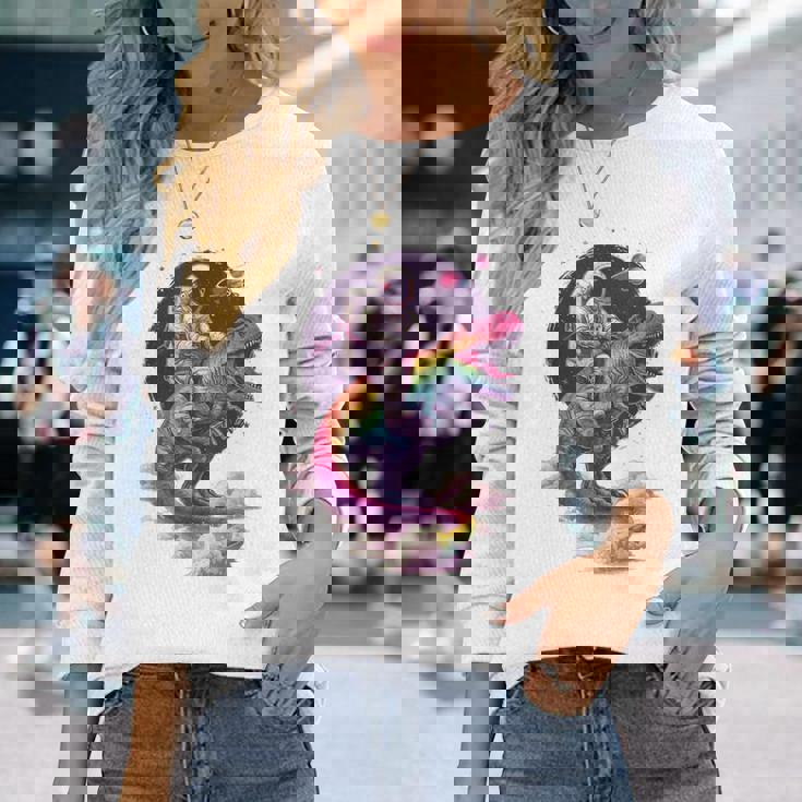 宇宙飛行士tレックス 恐竜 宇宙人 宇宙人 惑星 銀河 長袖Tシャツ 彼女への贈り物
