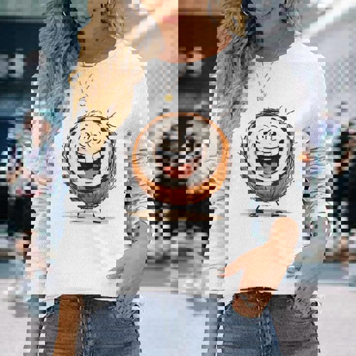 幸せな笑顔のココナッツの顔の漫画 長袖tシャツ 長袖Tシャツ 彼女への贈り物