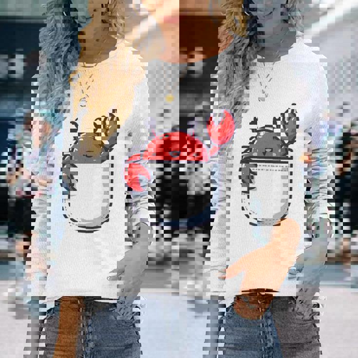 愛らしい かわいい ちび 和 ポケット カワイイ カニ 長袖Tシャツ 彼女への贈り物