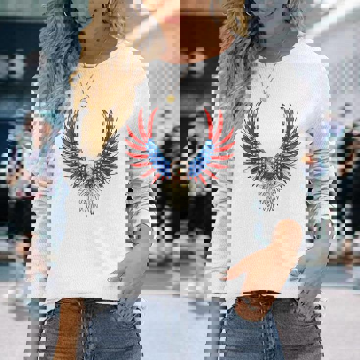 愛国的なアメリカ国旗イーグル 7月4日 バックプリント アメリカン 長袖Tシャツ 彼女への贈り物