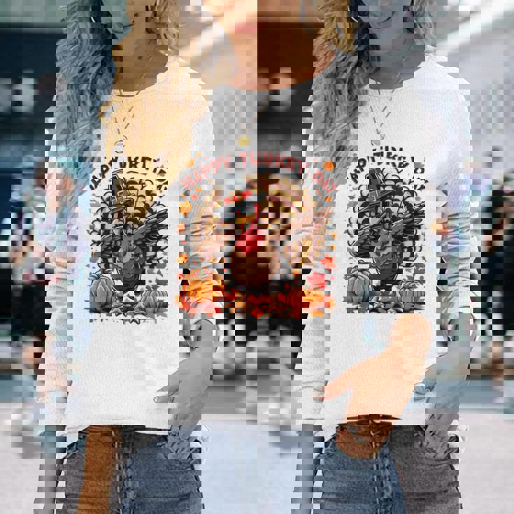 感謝祭 おもしろい 七面鳥巡礼者 軽くたたく 幸せな七面鳥の日 長袖Tシャツ 彼女への贈り物