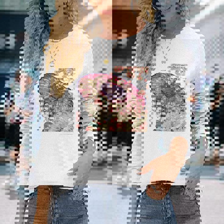 振り返る娘 見返り美人 日本美人 花街 浮世絵 桜 花 奇麗 赤 バックプリント 長袖Tシャツ 彼女への贈り物