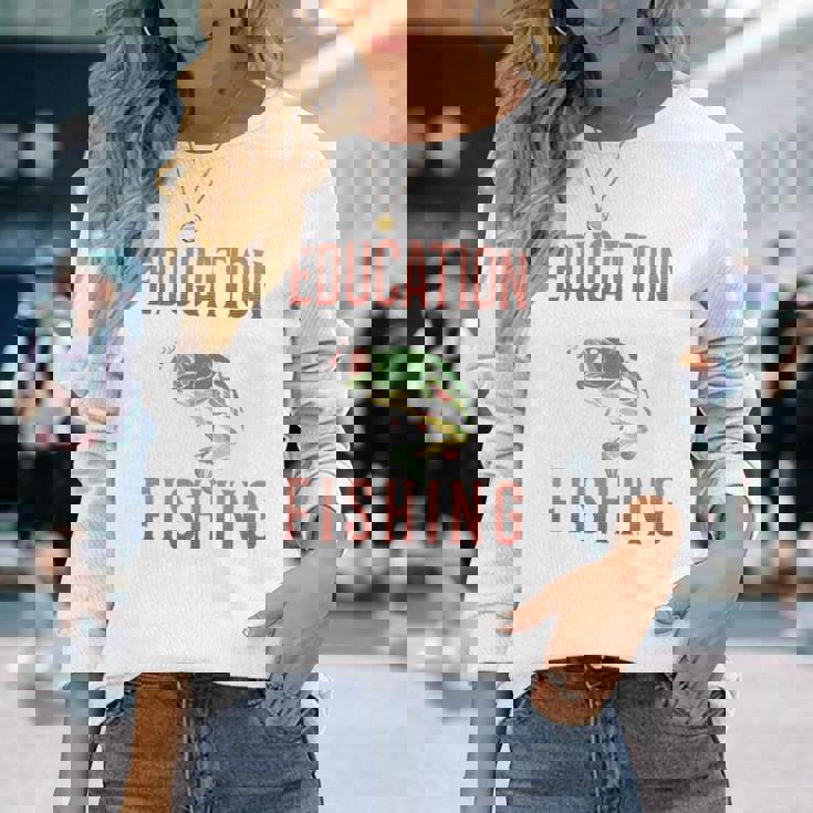 教育は重要ですが、釣りは重要です 面白い 長袖tシャツ 長袖Tシャツ 彼女への贈り物