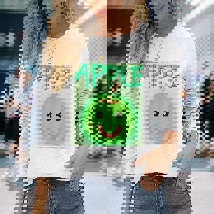 日本 りんご 青りんご かわいい 笑顔 長袖Tシャツ 彼女への贈り物