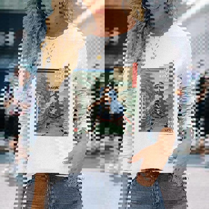 日本 浮世絵 出羽国 山形 山形城 ５７万石 最上義光 源氏 蔵王 力石 バックプリント 長袖Tシャツ 彼女への贈り物