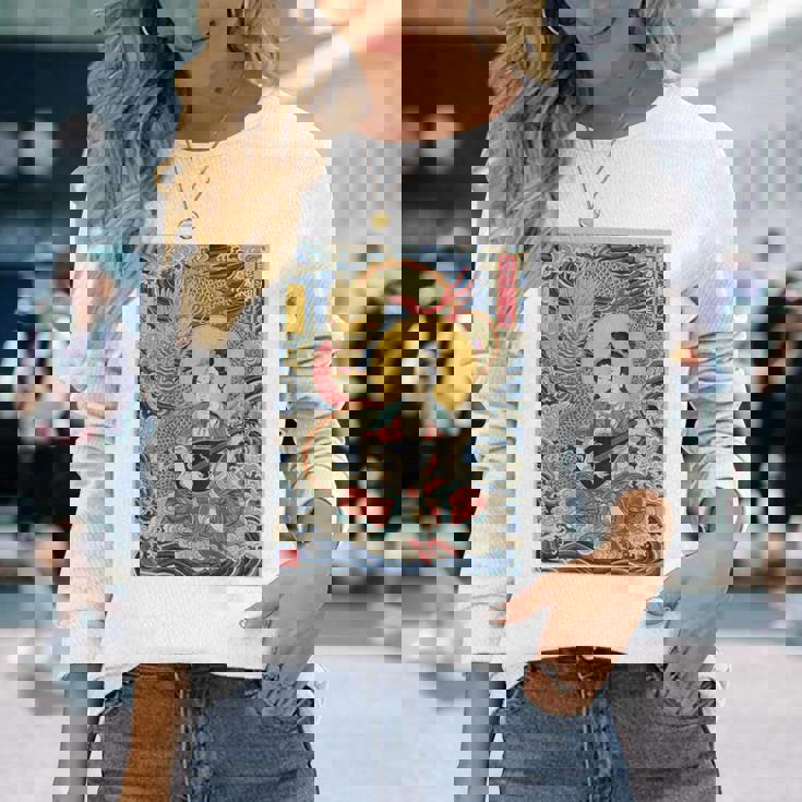 日本 浮世絵 滋賀 琵琶湖 竹生島 弁財天 竜 龍神 バックプリント 長袖Tシャツ 彼女への贈り物