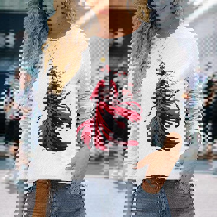 日本のサムライ フローラルウォリアーフラワー 桜 長袖Tシャツ 彼女への贈り物