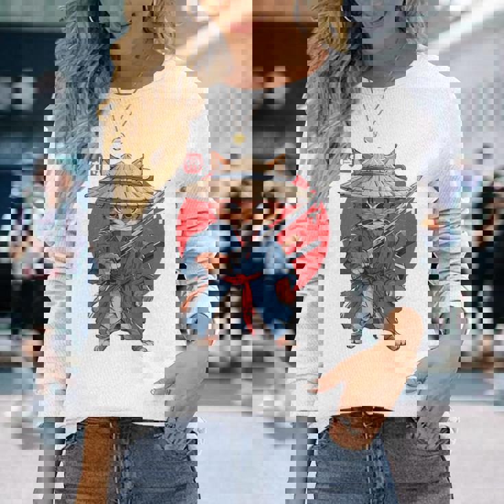 日本の侍 猫戦士 浮世侍 バックプリント 長袖Tシャツ 彼女への贈り物