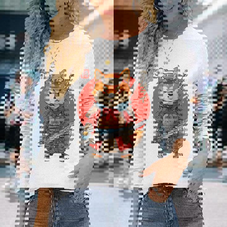 日本の侍犬 柴戦士 浮世サムライ バックプリント 長袖Tシャツ 彼女への贈り物