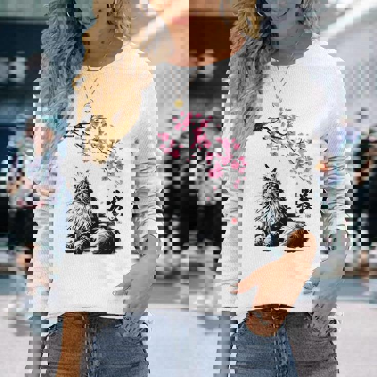 日本美術 メインクーン 猫 桜 桜 長袖Tシャツ 彼女への贈り物