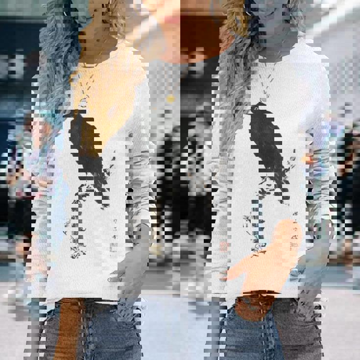 日本美術、浮世絵、河鍋暁斎、カラス 、レトロ、日本文化 長袖Tシャツ 彼女への贈り物