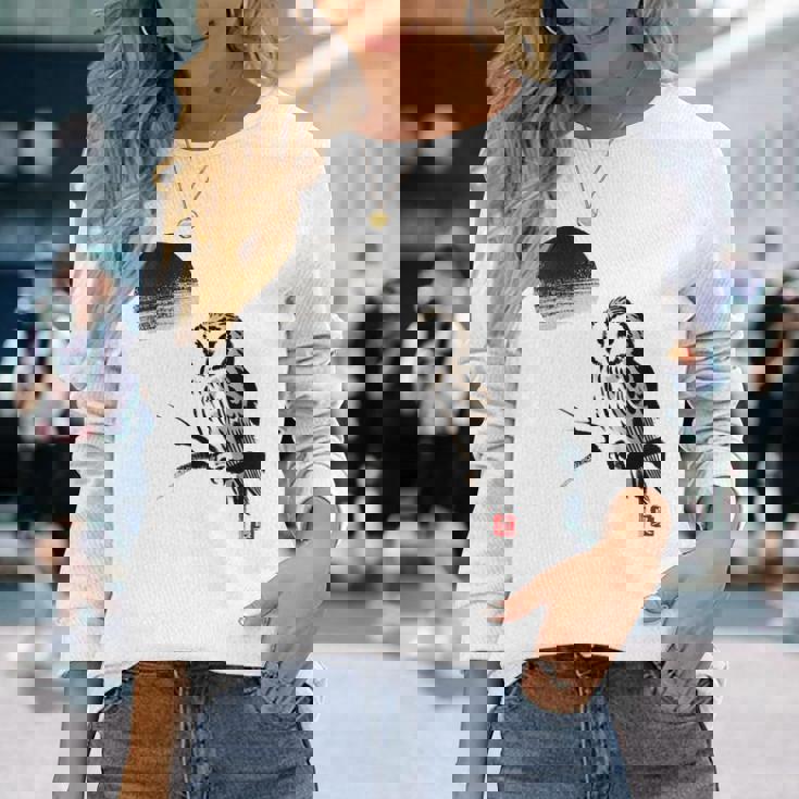 日本製 墨絵 ふくろう アート 墨筆 絵 漢字 知恵 – 日本文化デザイン 長袖Tシャツ 彼女への贈り物