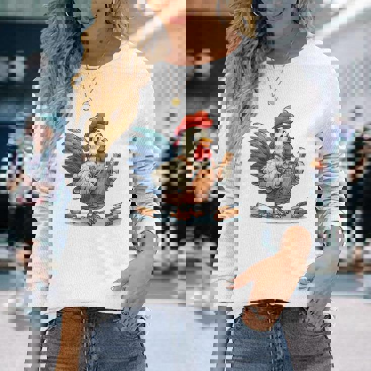 木彫りの鶏、かわいいデザイン 長袖Tシャツ 彼女への贈り物