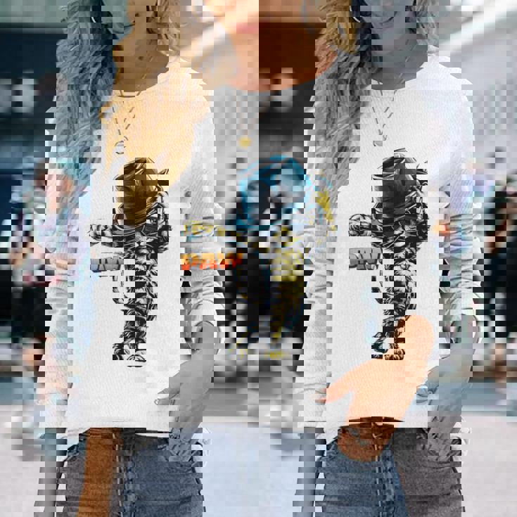 決めポーズの猫イラスト Pawの文字が光るダンス風デザイン 長袖Tシャツ 彼女への贈り物