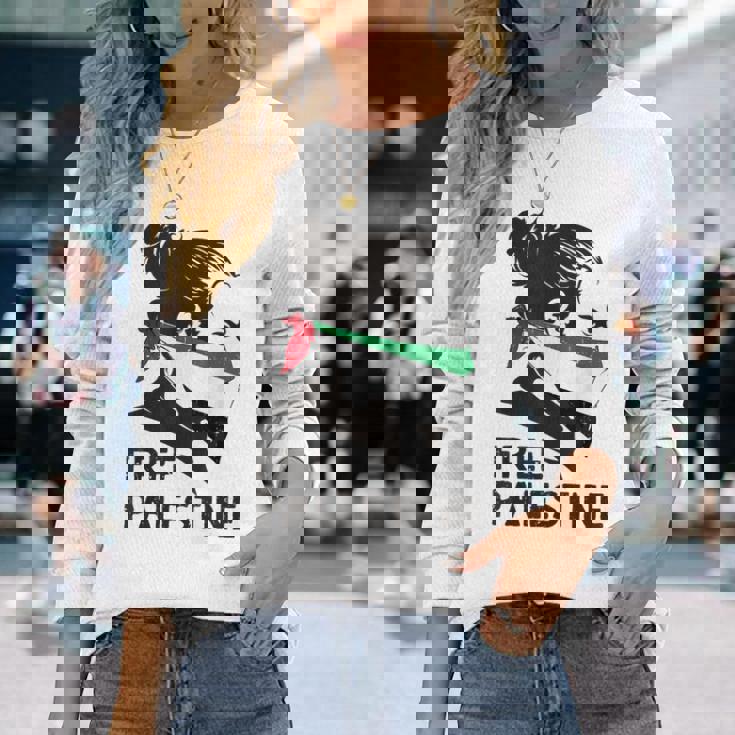 無料パレスチナ国旗 ガザの終わり占領 パレスチナ語 長袖Tシャツ 彼女への贈り物