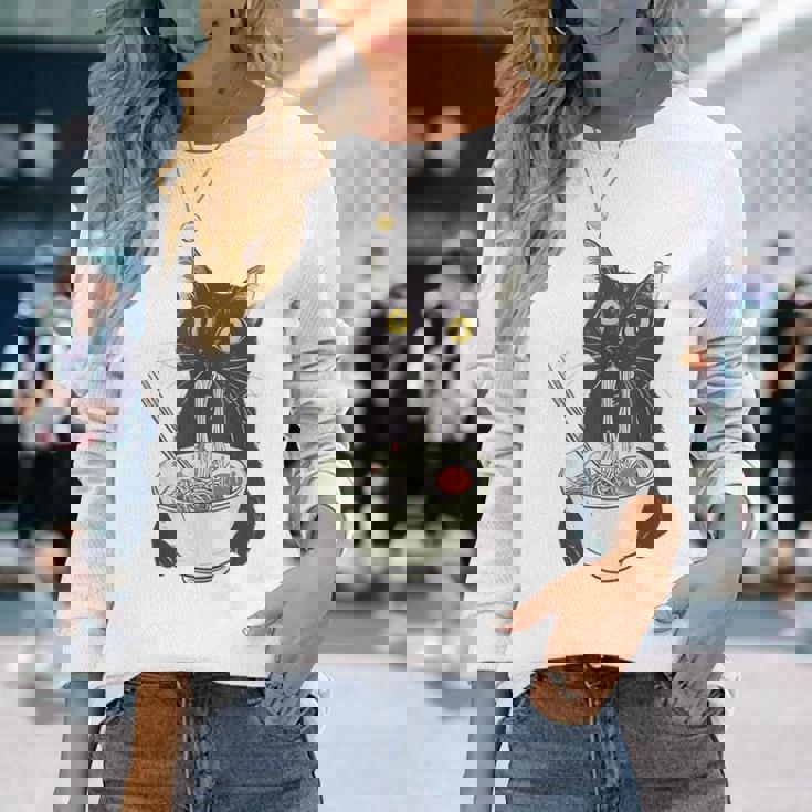 猫 ラーメン 麺 和 ラーメン かわいい 猫 長袖Tシャツ 彼女への贈り物