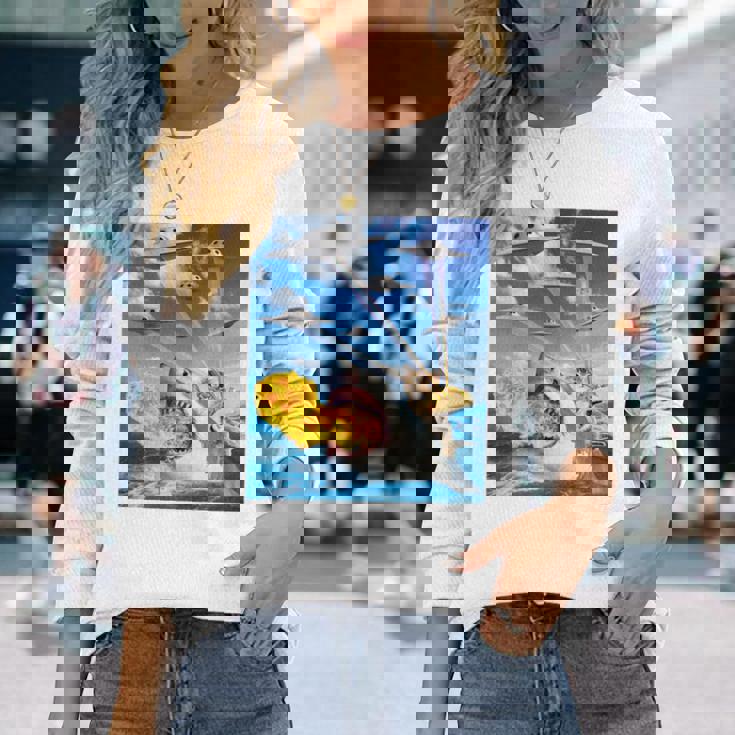 猫に乗って火を吐くサメレインボーレーザータコス 長袖tシャツ 長袖Tシャツ 彼女への贈り物