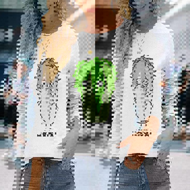 白菜 ハクサイ 顔 イラスト かわいい おもしろ 面白い 簡単 シンプル ゆるい 野菜 長袖Tシャツ 彼女への贈り物