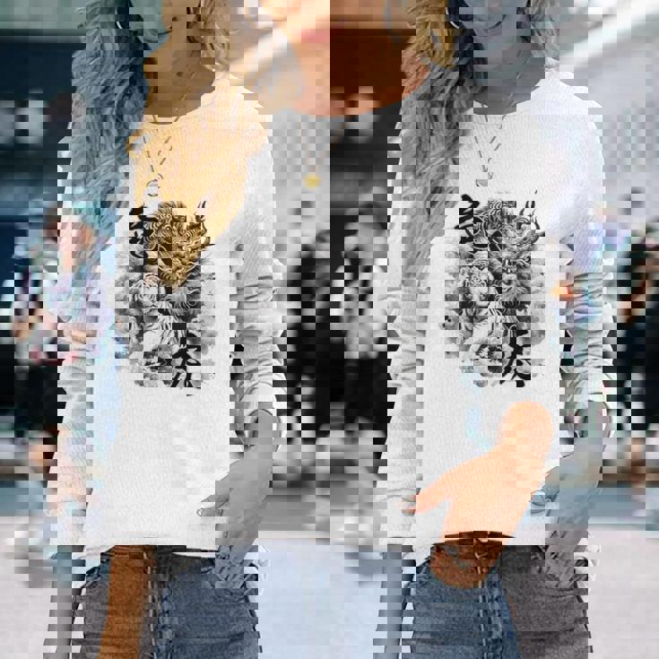 竜虎 墨絵 バックプリント 長袖Tシャツ 彼女への贈り物