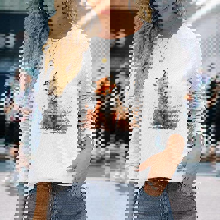 笑顔 水彩 キツネ 森林 動物 長袖Tシャツ 彼女への贈り物