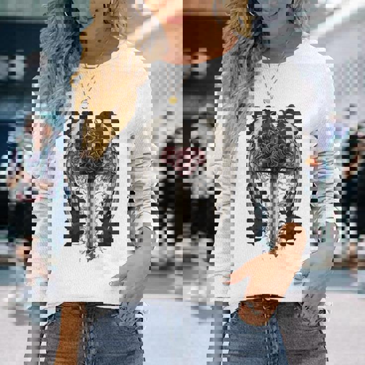 翼とバラのゴシック・クロス 長袖tシャツ 長袖Tシャツ 彼女への贈り物