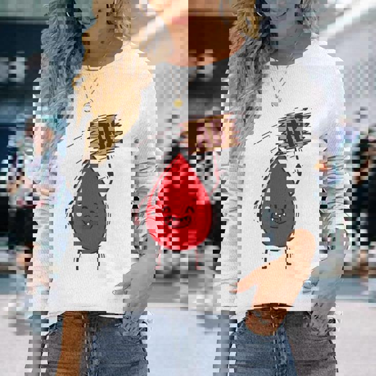 血液型 Ab 血液ドロップ シールドハート付き 長袖Tシャツ 彼女への贈り物