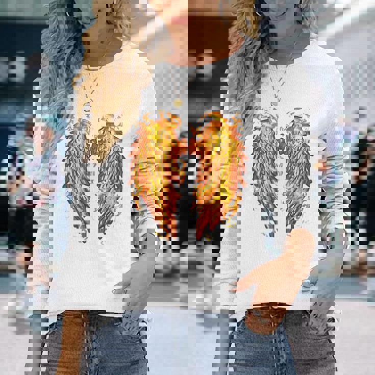 裏面に燃える天使の翼 火の羽 長袖Tシャツ 彼女への贈り物