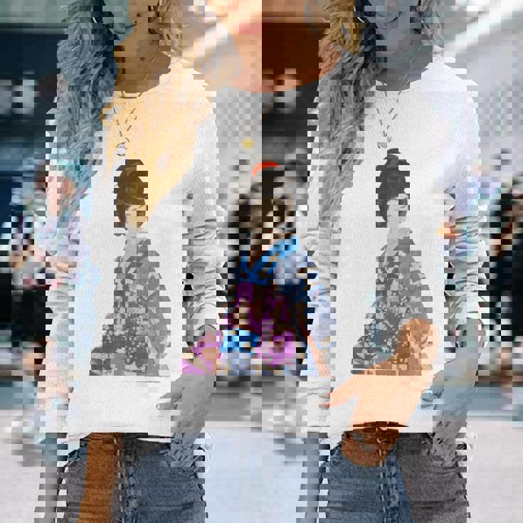 青い着物を着た美しい芸者 日本画 鳥居 言人 帯 美人画 新版画 日本画 長袖tシャツ 長袖Tシャツ 彼女への贈り物